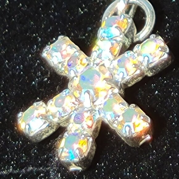 Ab Rhinestone Snowflake Earrings, Silver Plated and Crystals Dangle - Picture 3 of 5